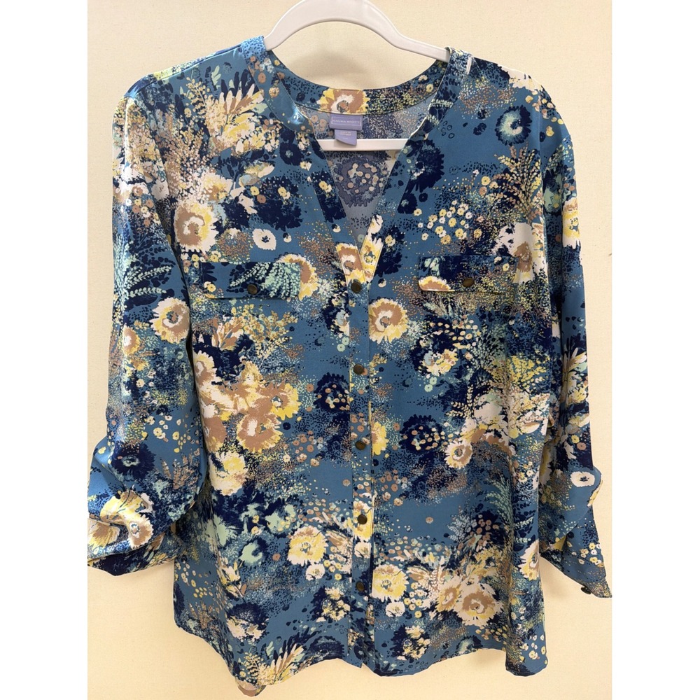 Laura Scott Blue Floral Roll Tab Sleeve Button Up Blouse Top Womens Large‎